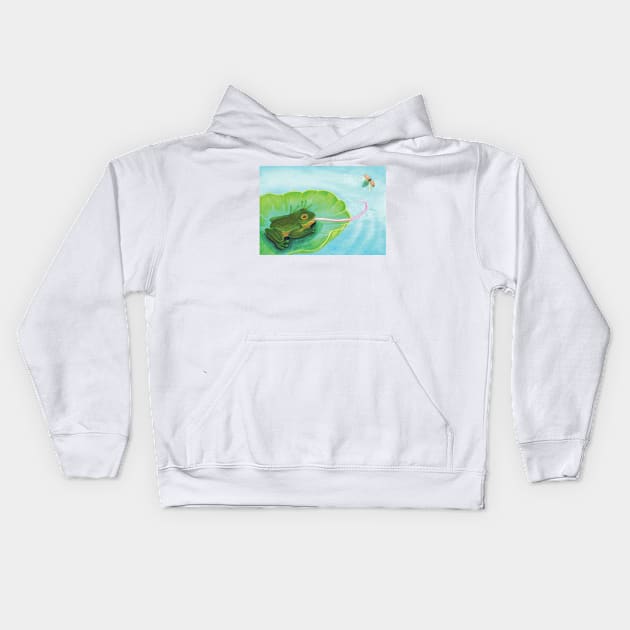 Frog Catching Bug Kids Hoodie by Julia Doria Illustration